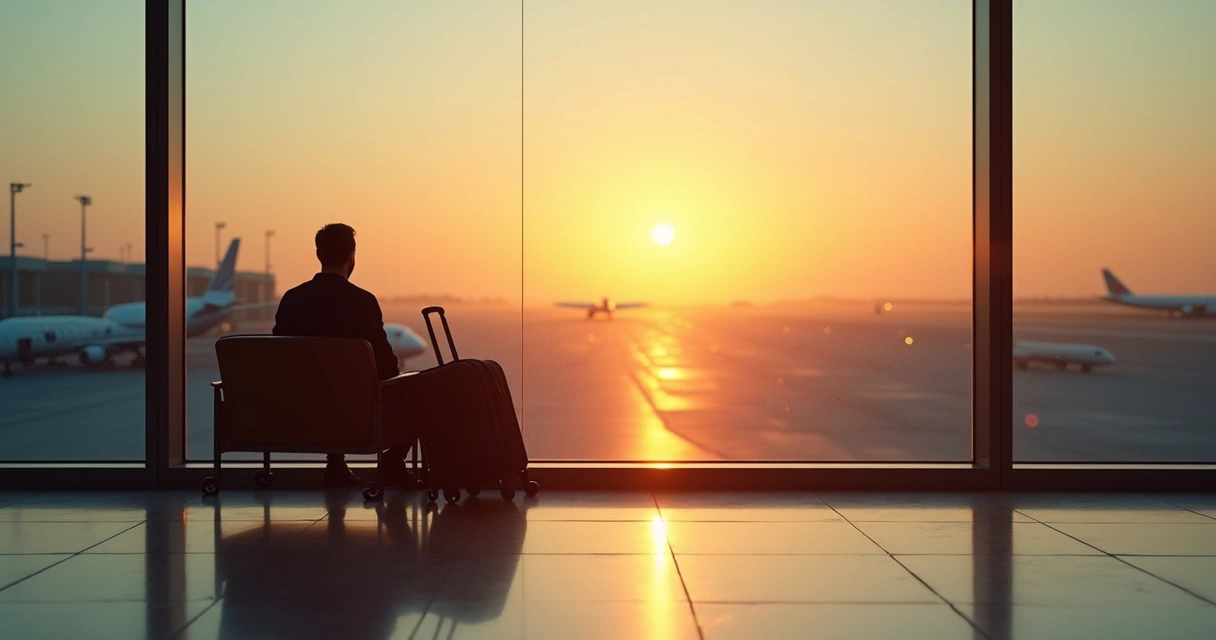 Traveler waiting with suitcase near airport window at dawn