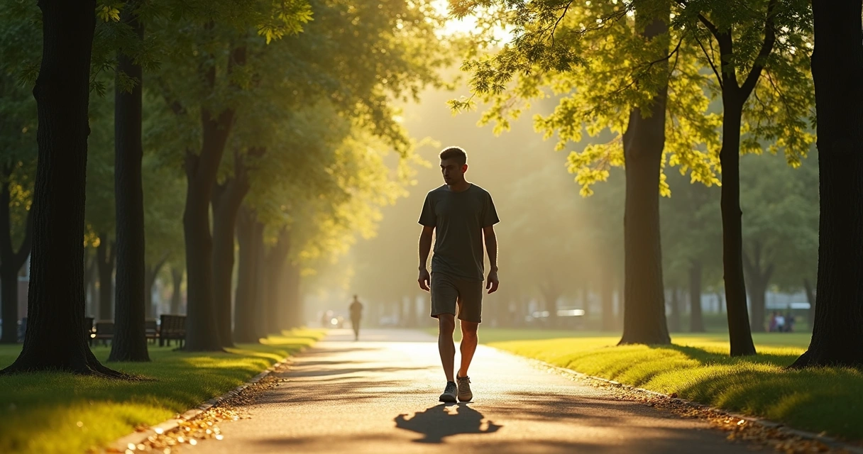 Man walking slowly in a park surrounded by trees with sunlight coming through, focusing on his steps 