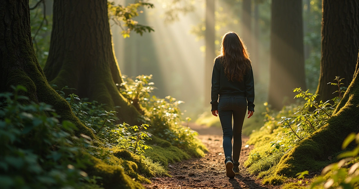 Person walking in forest, noticing breath and surroundings
