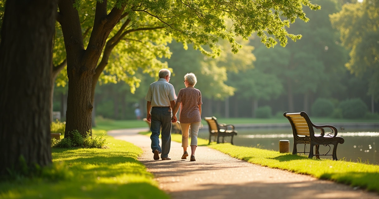 Older couple walking side by side in a sunny park