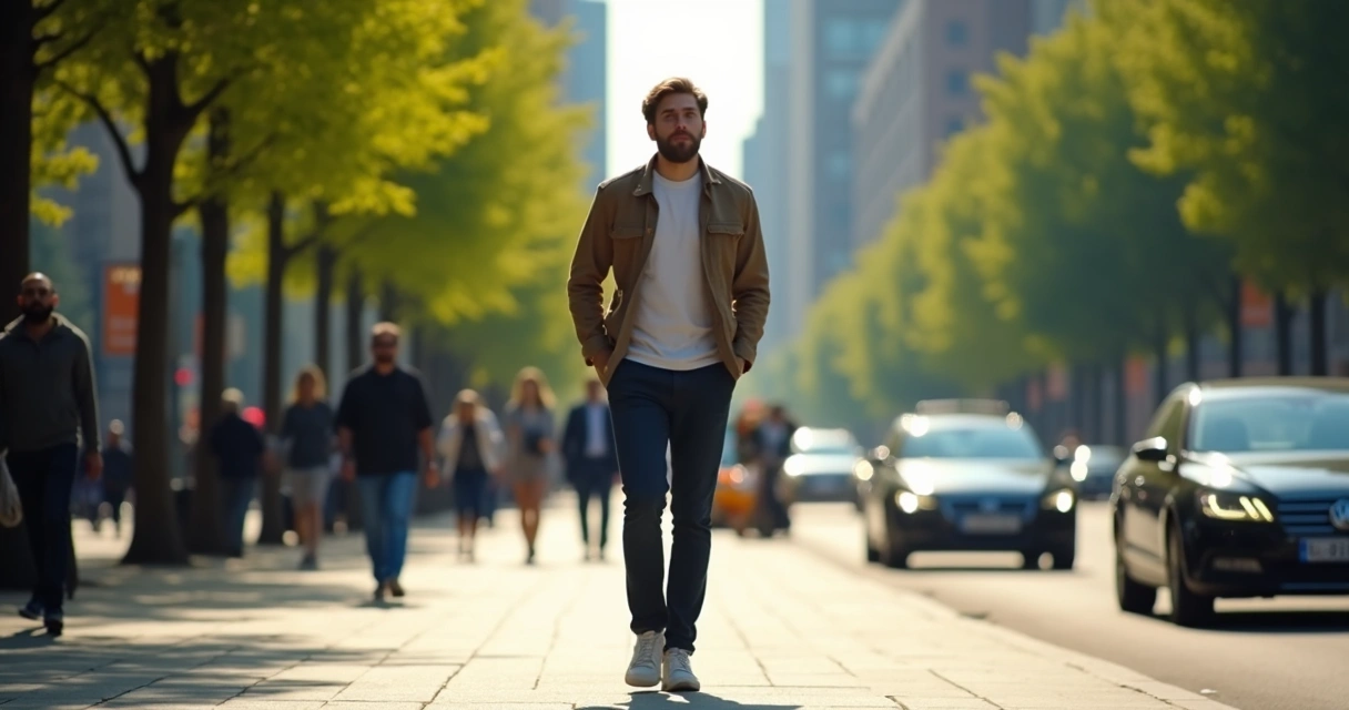 Person doing walking meditation on a busy city sidewalk 