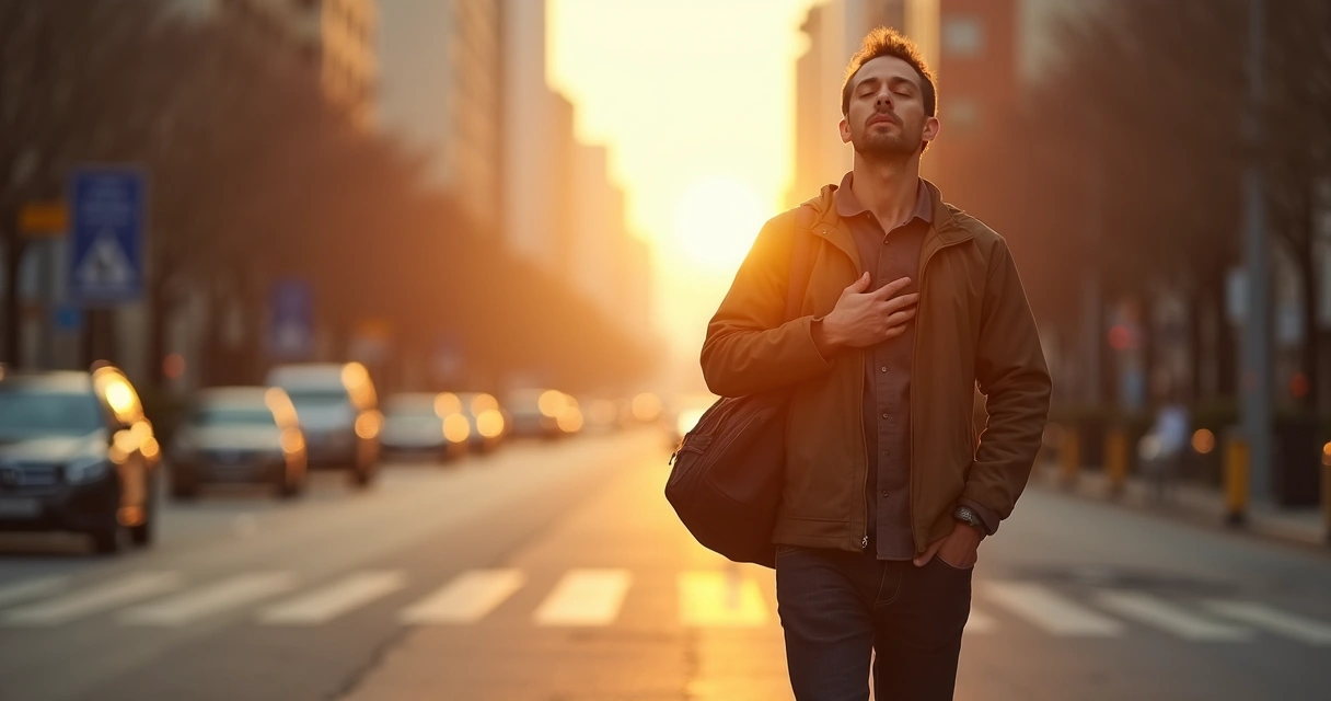 Man walking mindfully on a city street in the morning light