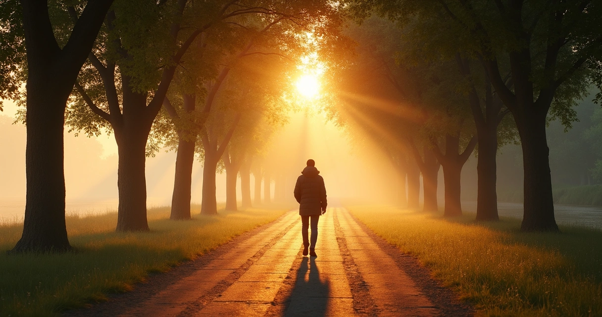 Person walking on a tree-lined path at sunrise