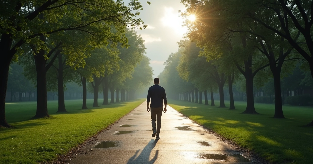 Person walking on a quiet path after rain during reflective pause
