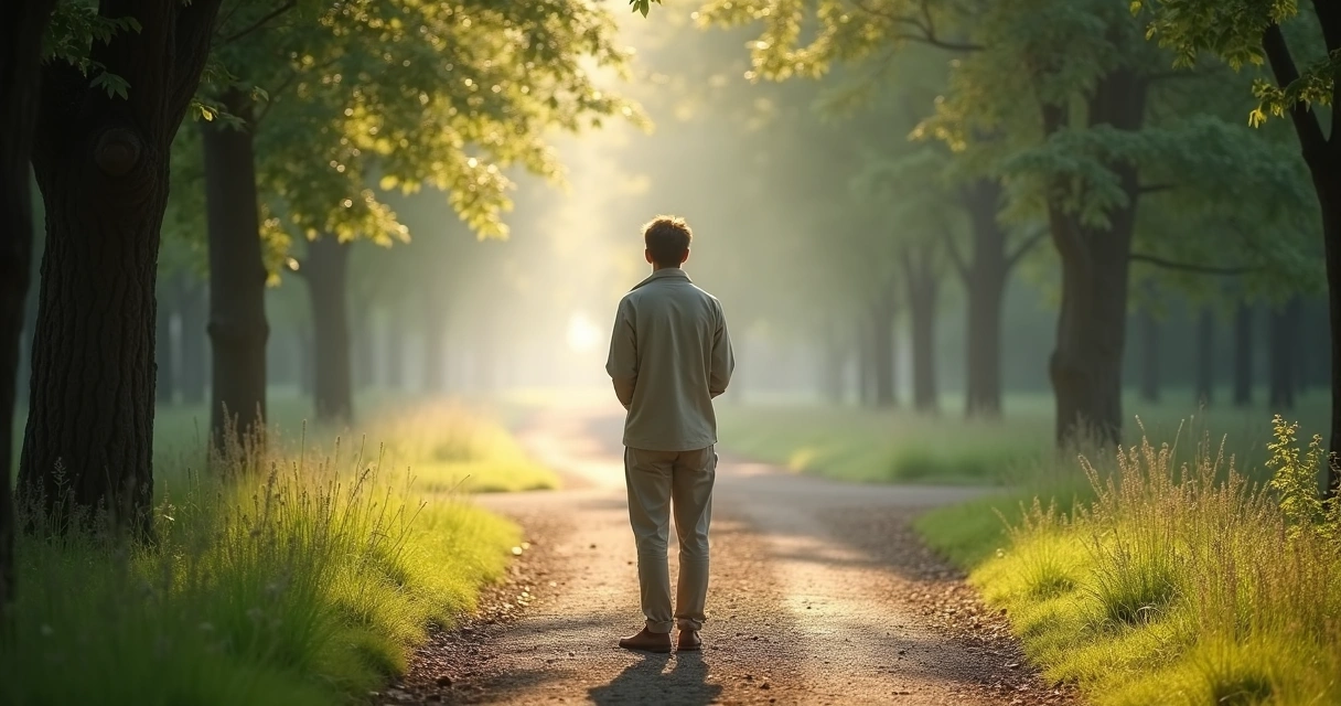 Person standing at a forked park path
