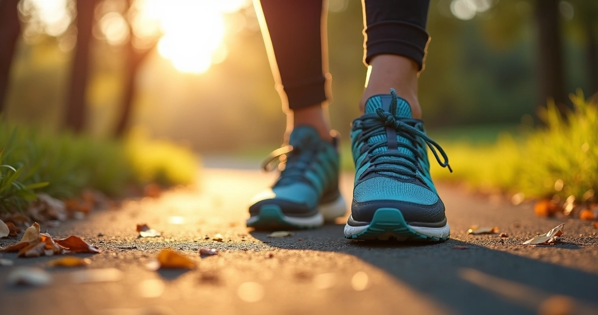 Close-up of walking shoes on park path 