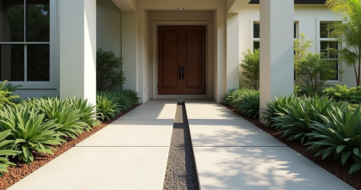 Drainage grates and slope details next to covered walkway in front of Florida house 