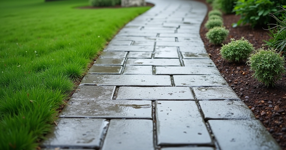 Walkway with visible slope and water gently flowing off to side 