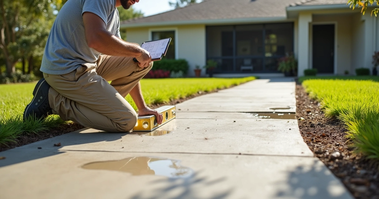 Contractor measuring concrete walkway slope for drainage in Orlando yard 