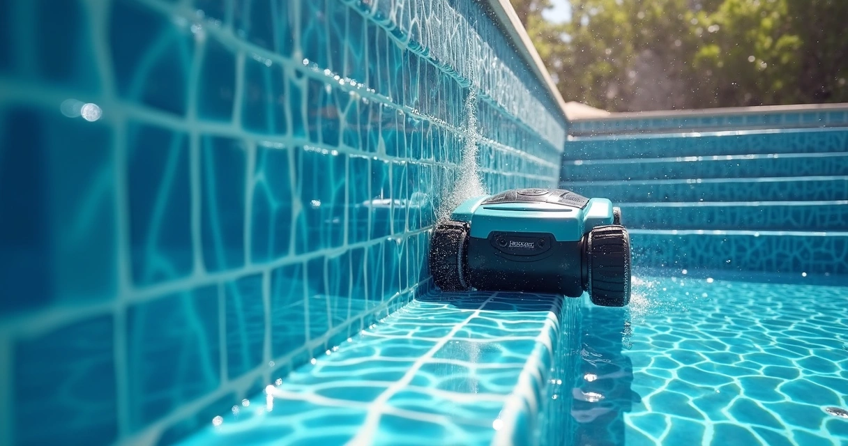 Wall-climbing robotic pool cleaner scrubbing a tiled pool wall