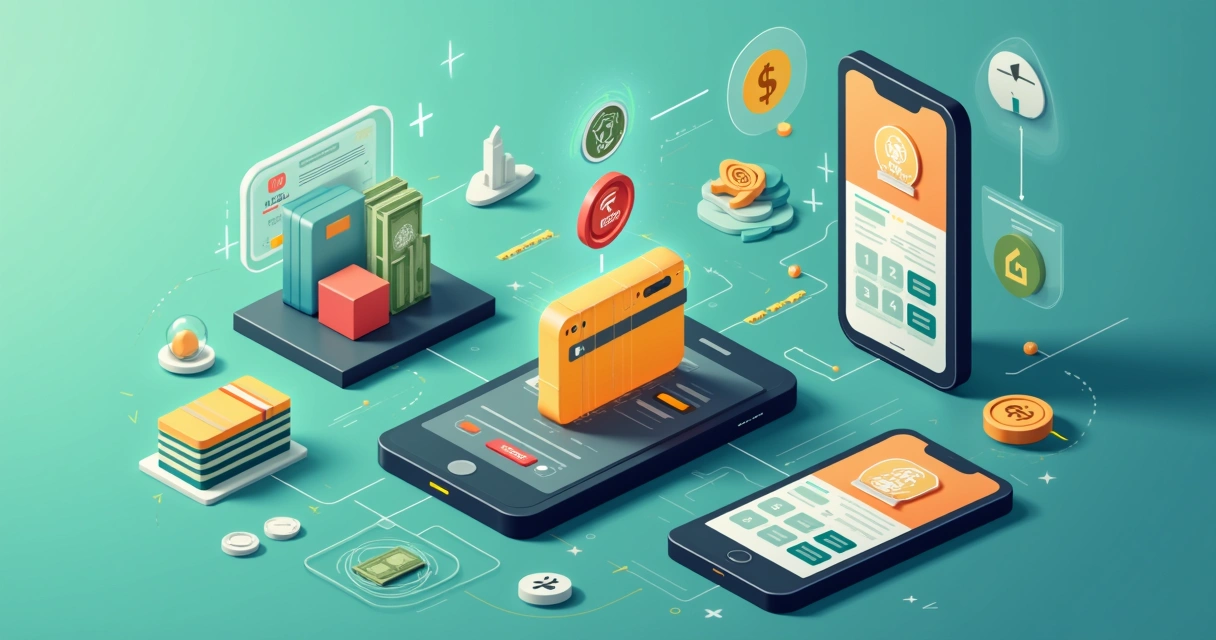 Carteira digital com moedas internacionais, celulares e cartões ao redor 