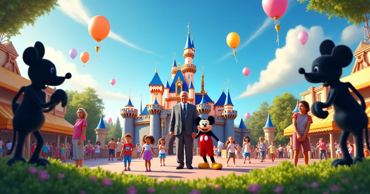 Walt Disney in front of Disneyland, families enjoying rides, with iconic castle and Audio-Animatronics characters.