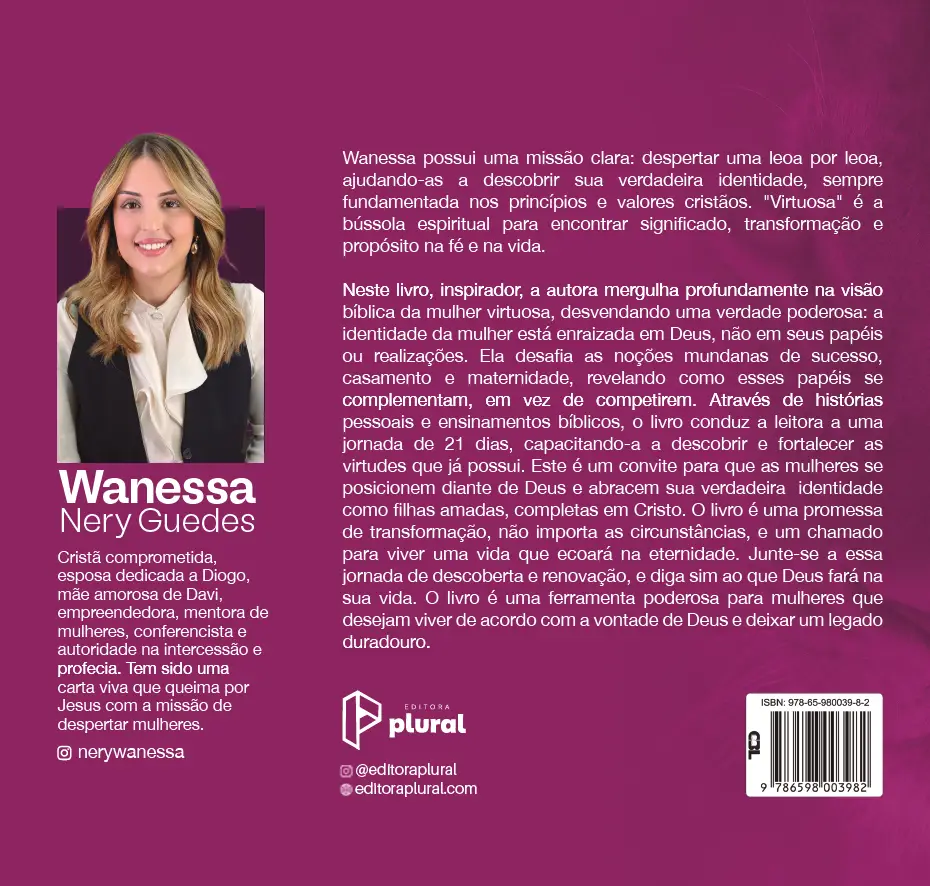 Foto de Wanessa Nery Guedes com texto biográfico e descrição do livro Virtuosa em fundo roxo