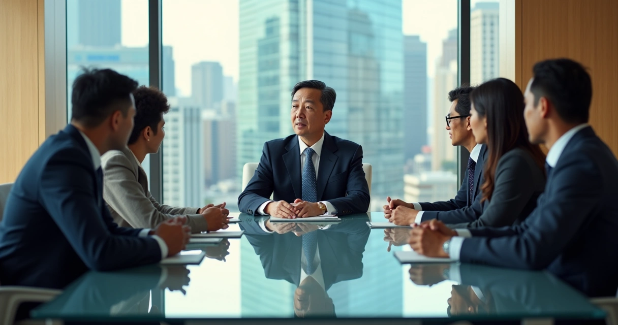 Wang Xing sentado em reunião com executivos brasileiros 