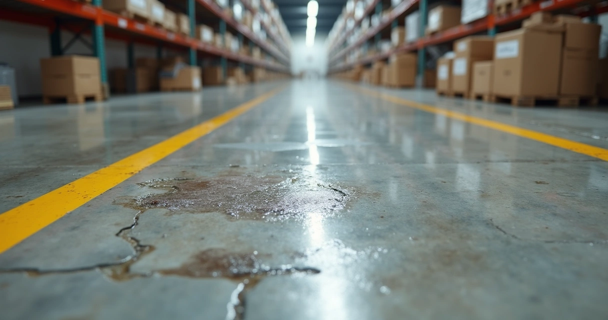 Damaged warehouse epoxy floor with visible cracks and stains 