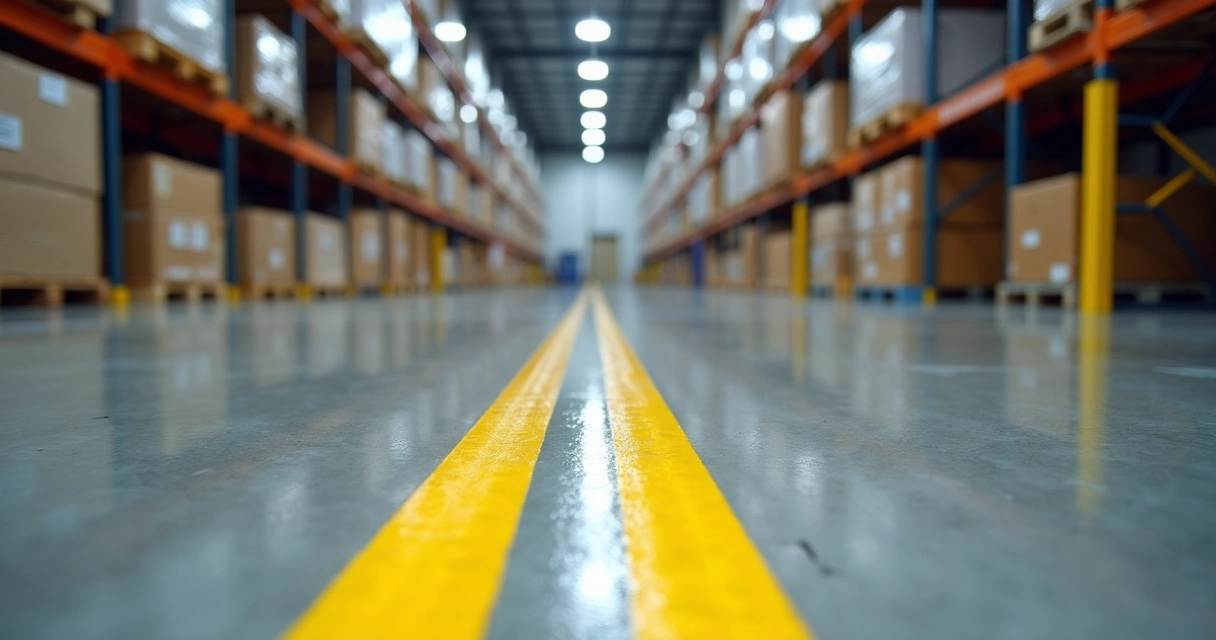 Shiny epoxy warehouse floor with safety stripes