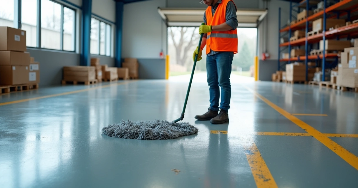 Worker cleaning epoxy-coated warehouse floor with safety gear
