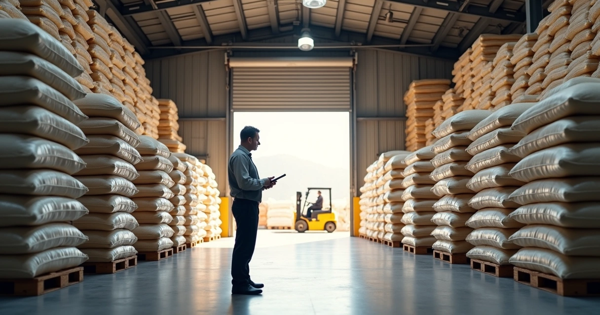 Warehouse full of commodities with a supervisor inspecting inventory 