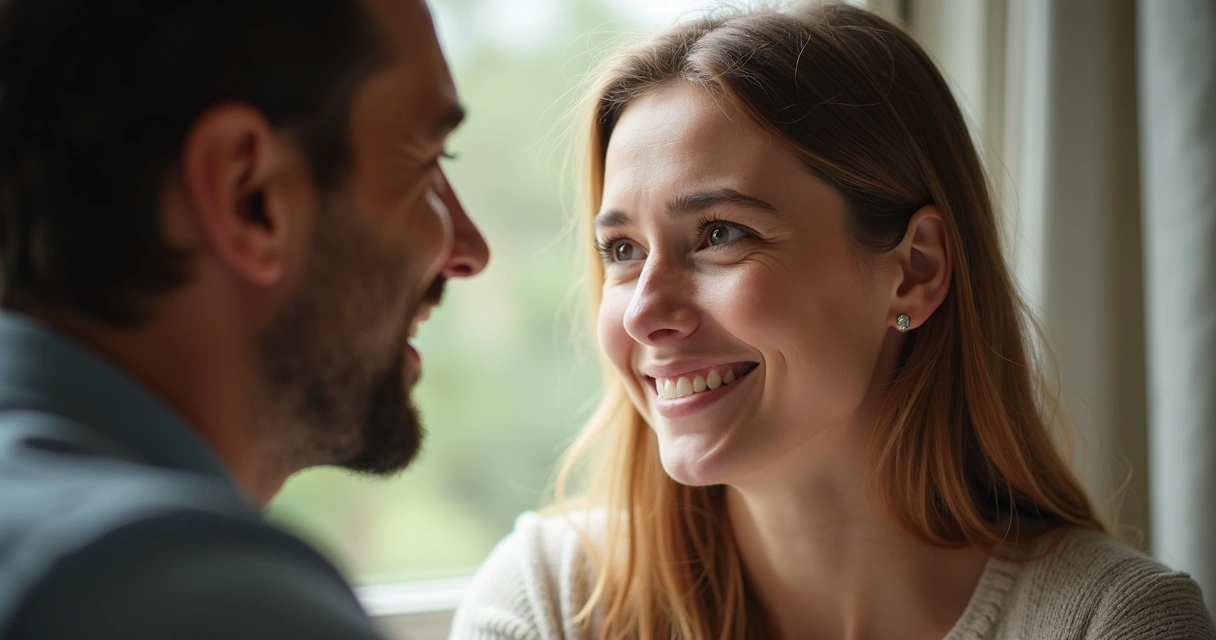 Close view of two people sharing warm eye contact in conversation