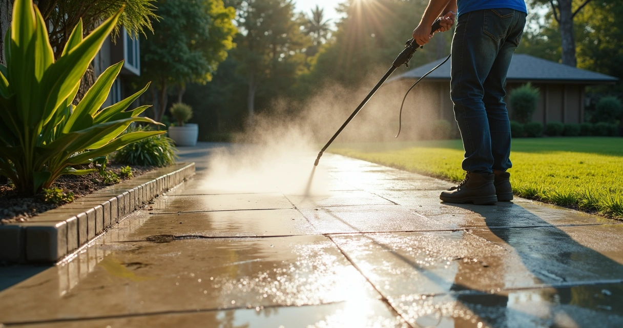 Pressure washing a concrete driveway outdoors on a sunny day