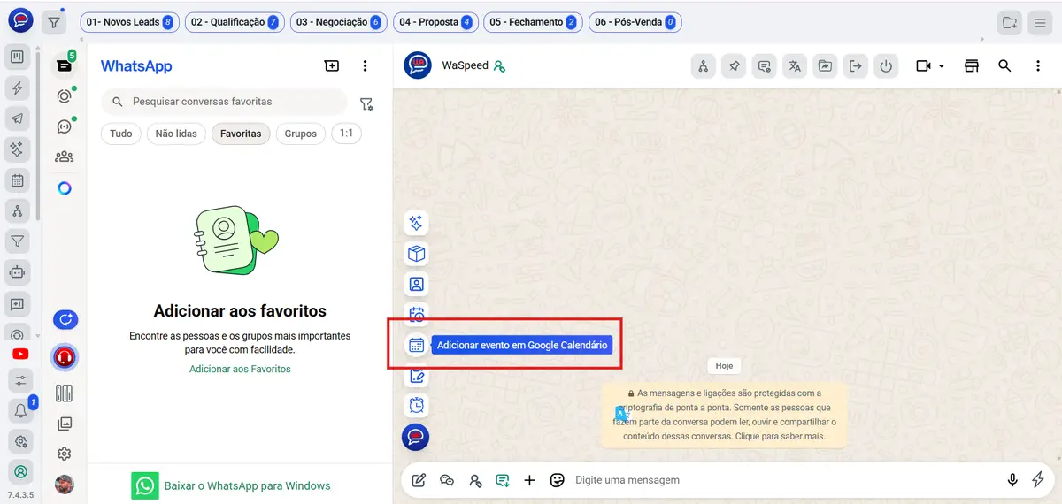 Tela do WaSpeed mostrando integração para adicionar evento no Google Calendário