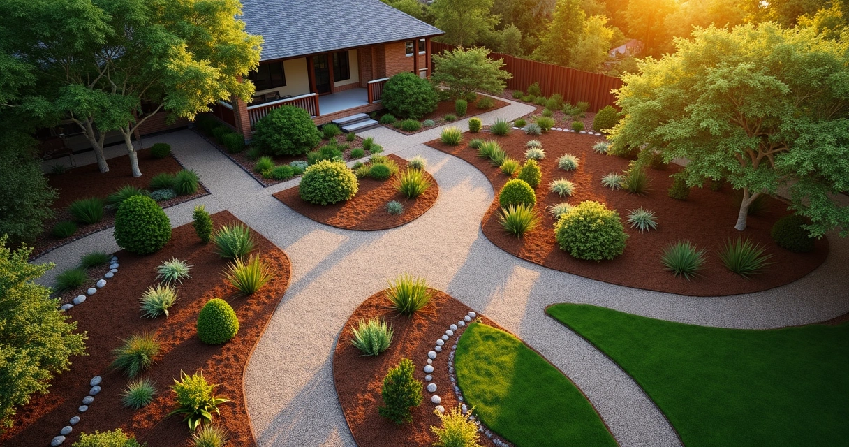 Texas yard with curved planting beds, gravel paths, and select shade trees 