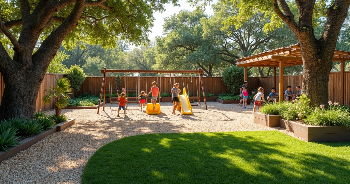 Children playing on a playground with drought-tolerant landscaping and permeable surfaces