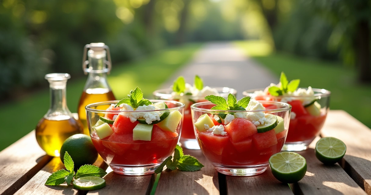 Watermelon cucumber feta salad in bowls on picnic table outdoors