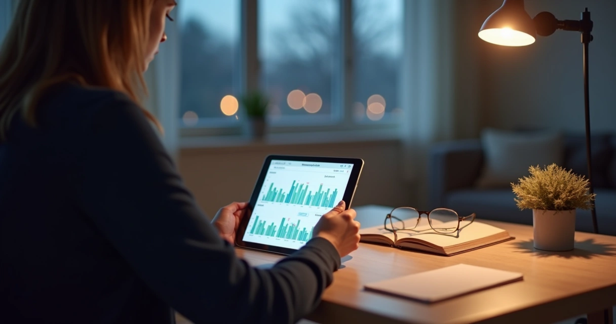 Person reflecting with wearable data on a tablet
