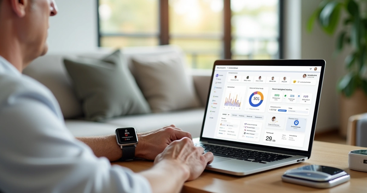 Paciente em casa usando smartwatch com dados sincronizados em plataforma de saúde no notebook 