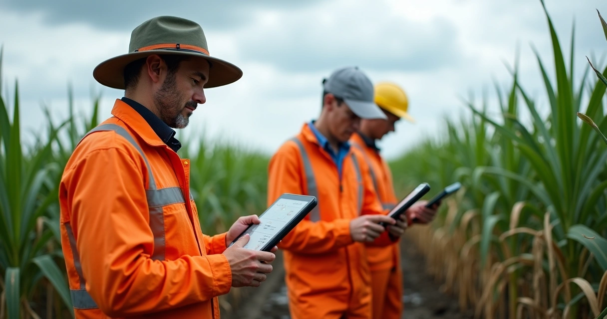 Group of agronomists using weather monitoring equipment in a sugarcane field. 
