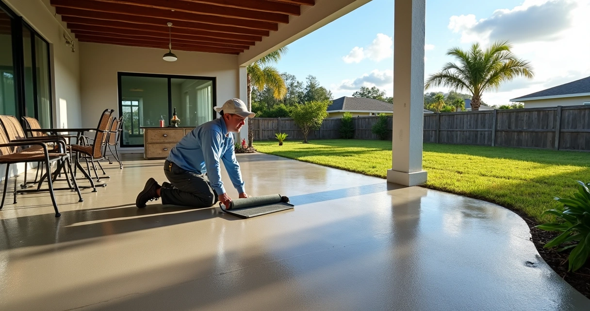Contractor testing weatherproof coating on outdoor concrete patio in Orlando 