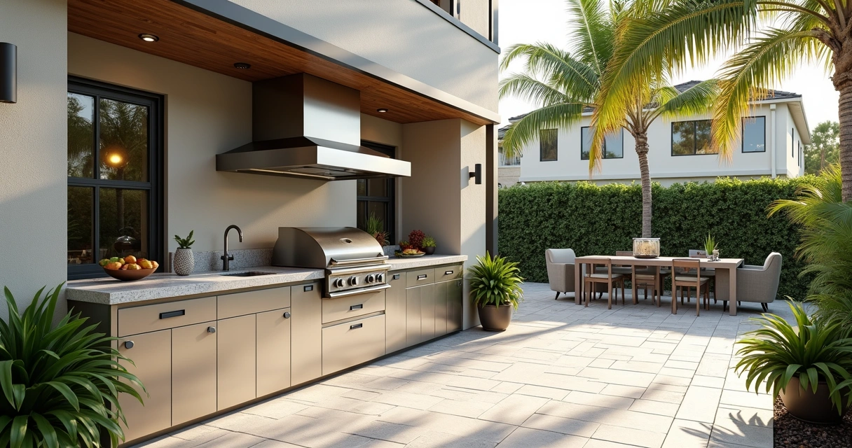 Weatherproof outdoor kitchen cabinets in a patio scene 