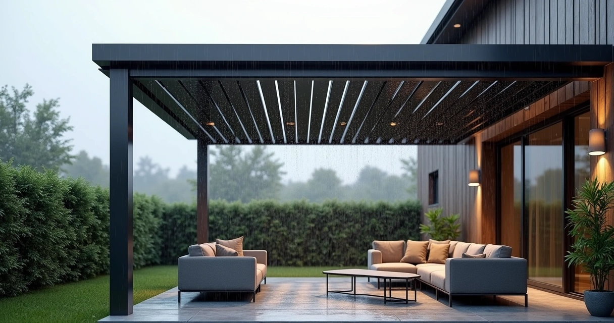 Pergola with louvered roof in rain 