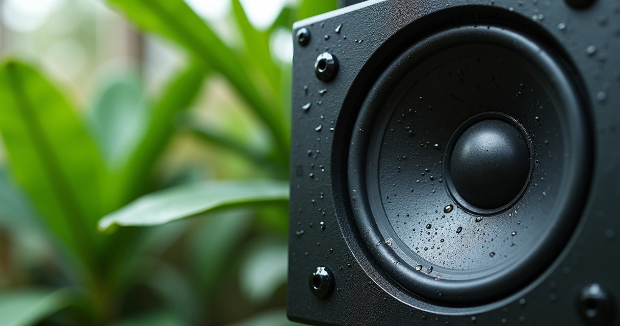 Close-up of outdoor speaker in a weatherproof enclosure with water droplets 