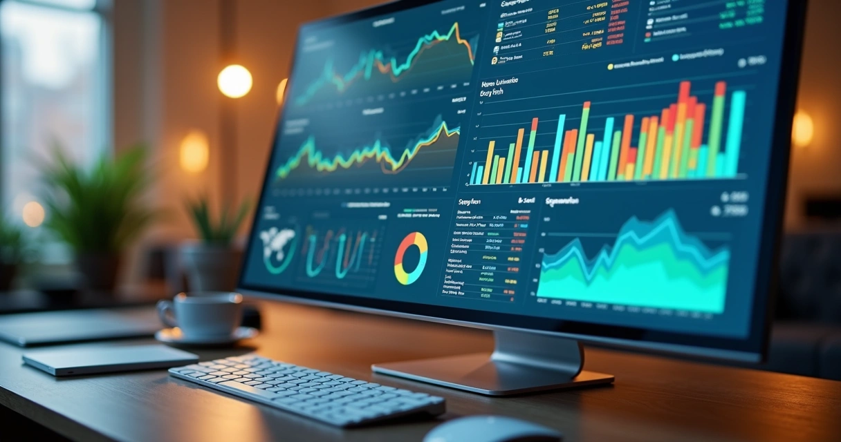High-resolution dashboard displaying web analytics metrics with charts and graphs on a computer screen 