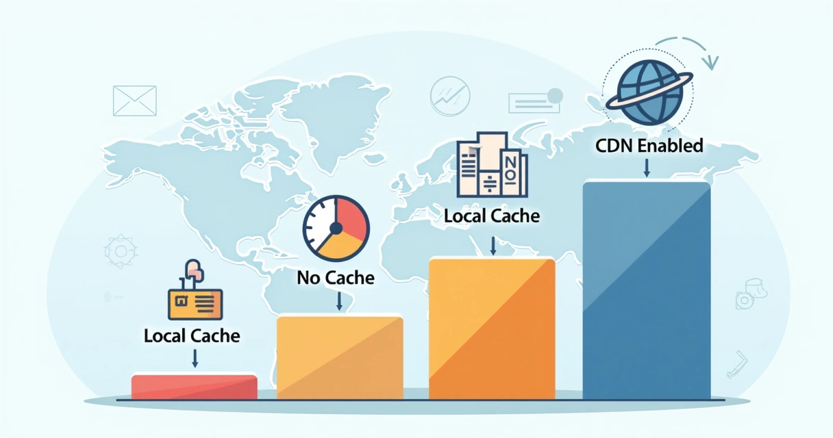 Graph showing impact of cache and CDN on website load speed, with icons for speed, cache, and global servers. 