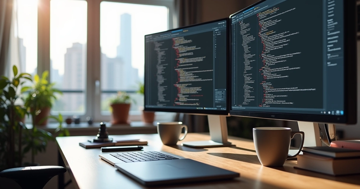 Senior web developer in home office setup 