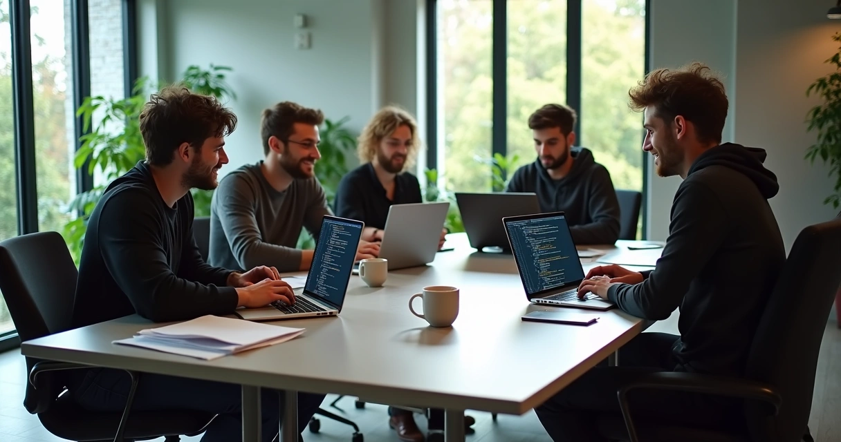 Team of web developers having a meeting with laptops and code visible on screens 