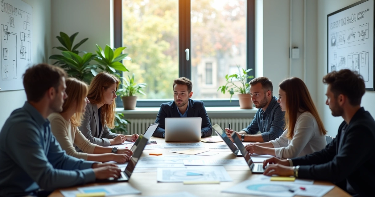 Team discussing web project requirements at a table