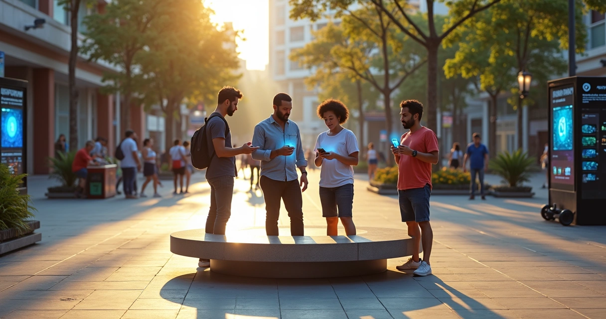 Grupo de pessoas usando aplicativo com interface web3 em smartphones em praça moderna 