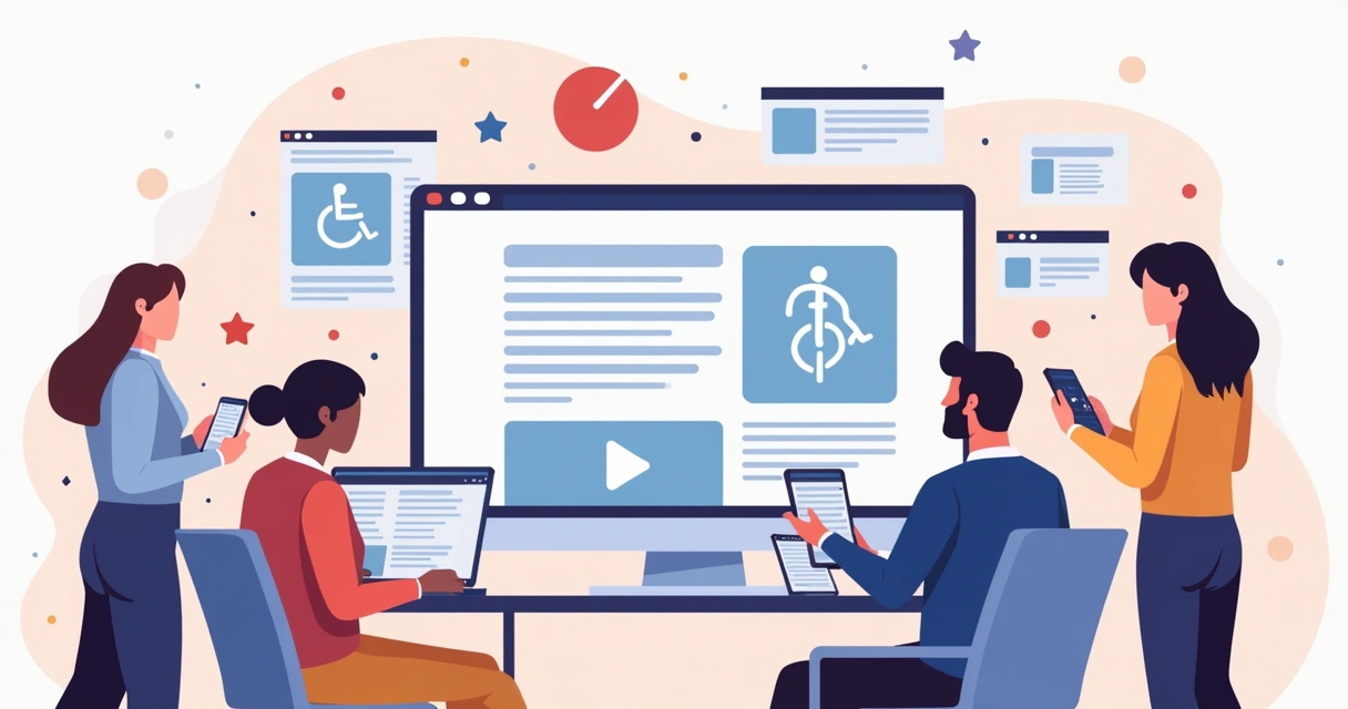 Ilustração corporativa plana de equipe criando página web acessível com computadores, ícones de acessibilidade e elementos de design inclusivo 