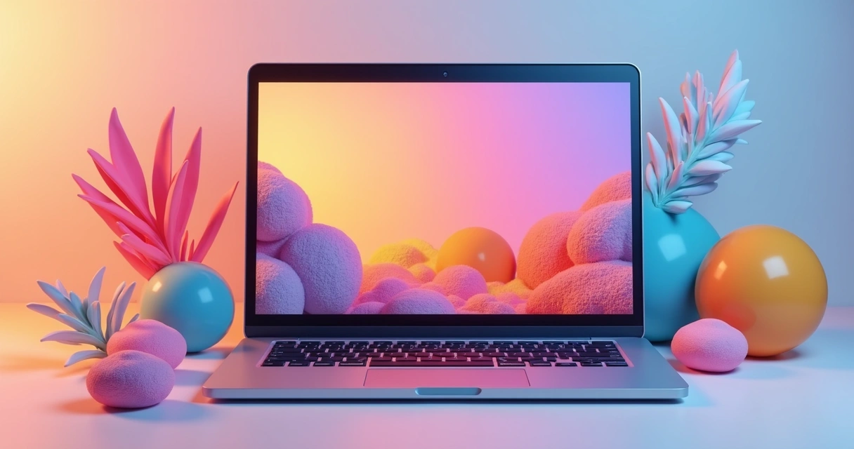 Elementos 3D coloridos e texturas digitais que parecem tocáveis, em uma cena de web design moderna.