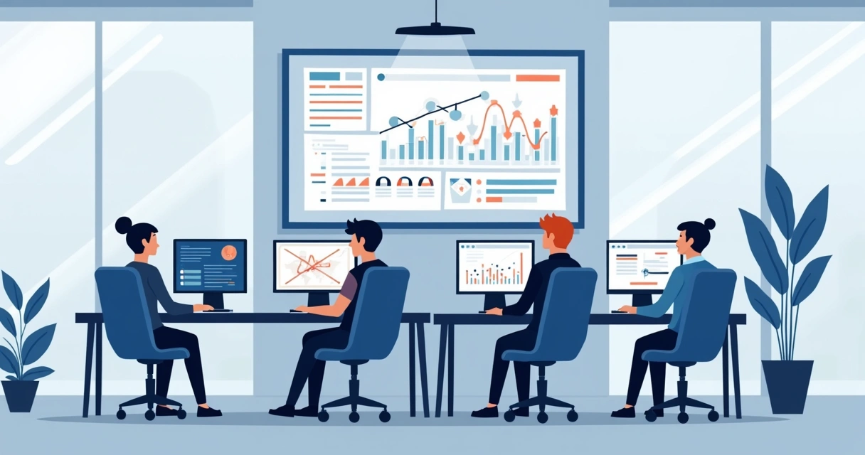 Equipe de webdesigners trabalhando em computadores em uma agência, analisando dados de sites em grande tela ao fundo 