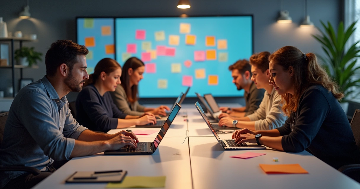 Webdesigner de camiseta clara trabalhando em notebook, equipe reunida em torno de mesa criando landing page 