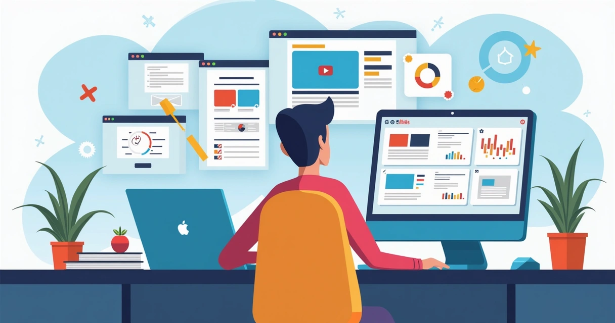 Webdesigner analisando diferentes ferramentas online 