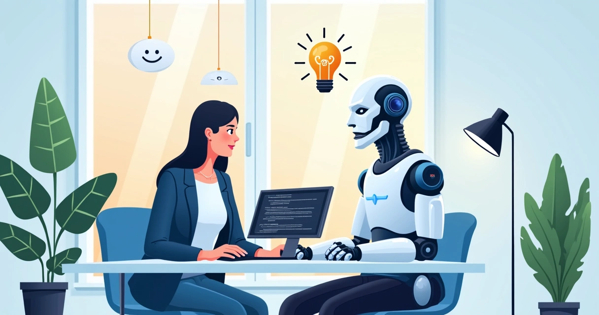 Profissional digital discutindo ideias com robô inteligente em ambiente moderno 