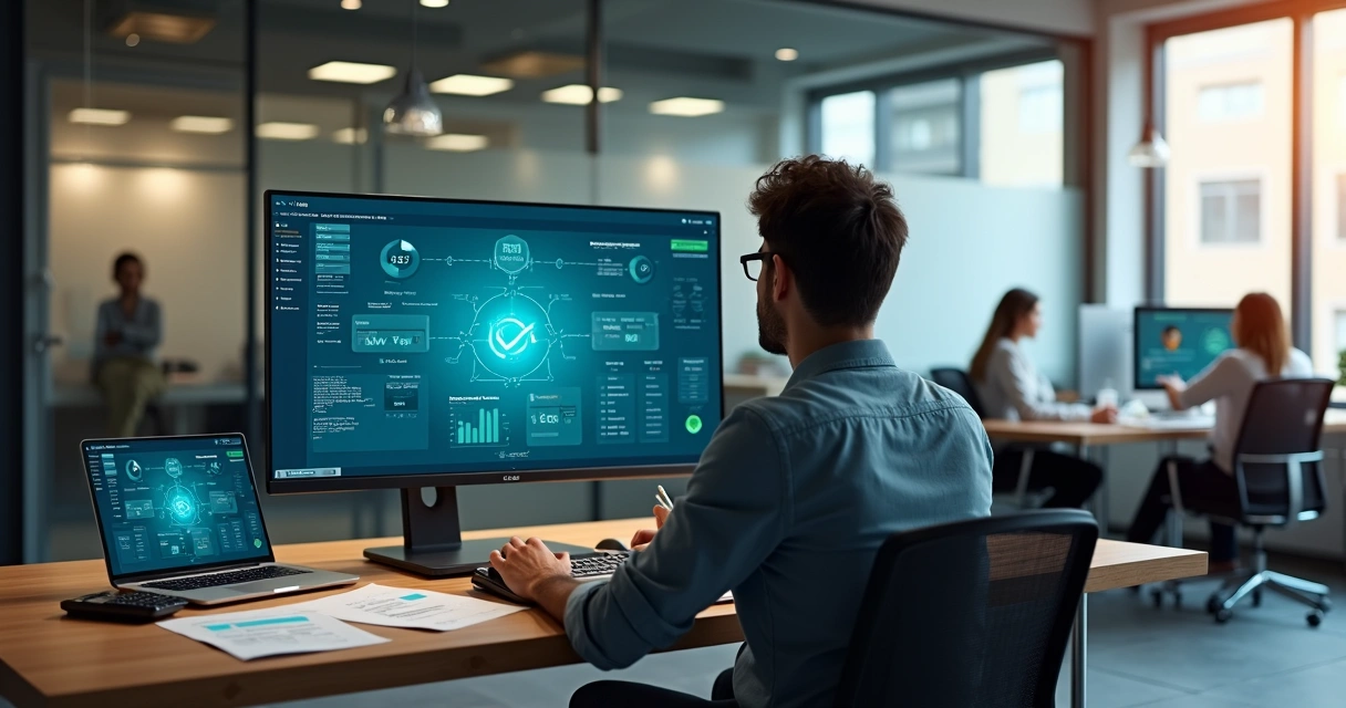 Contador em escritório vendo integrações financeiras automatizadas na tela 