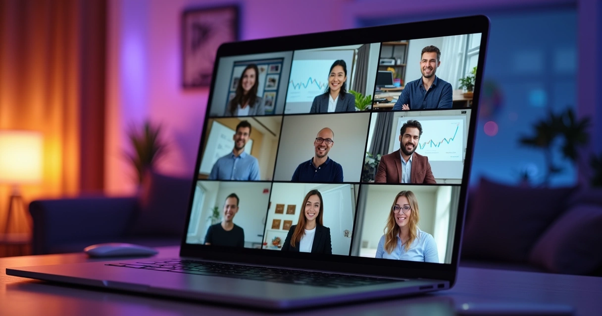 Participantes em webinar ao vivo visualizados em telas divididas 