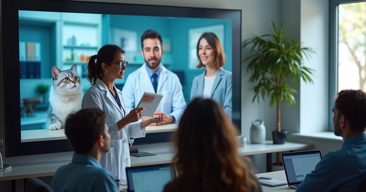 Veterinário apresentando webinar sobre medicina felina a estudantes virtuais 